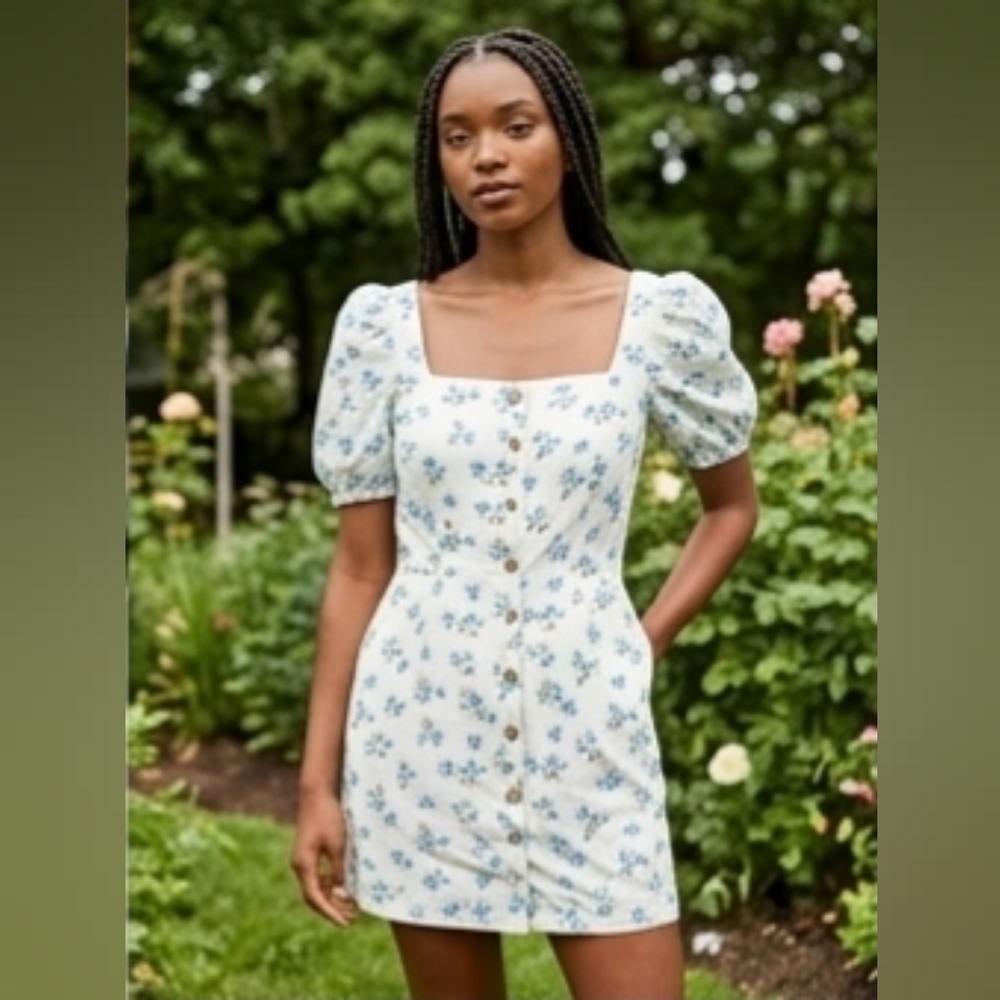 GAP Cream Mini Dress w/ Blue Floral Print Babydoll Dress Poplin Sleeves. Size L